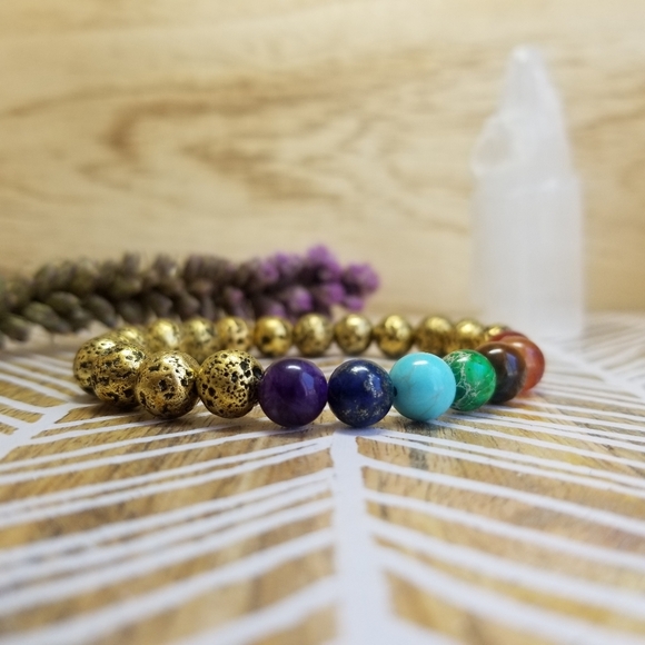7 Chakra Healing Gold Lava Bead Stretch Bracelet - Picture 2 of 7